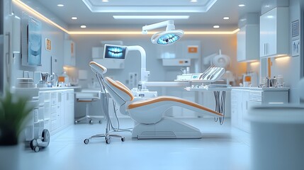 Poster - a futuristic dental office the dentist uses specialized instruments to inspect a patients teeth with