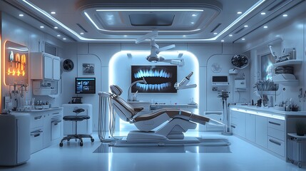 Poster - A futuristic dental office the dentist uses specialized instruments to inspect a patients teeth with advanced dental technology and an organized tool set nearby