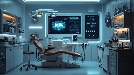 Poster - A futuristic dental office the dentist uses specialized instruments to inspect a patients teeth with advanced dental technology and an organized tool set nearby