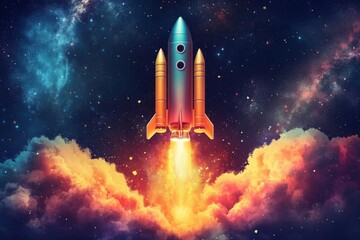 Poster - Rocket launches into space surrounded by colorful clouds and stars in a stunning cosmic backdrop