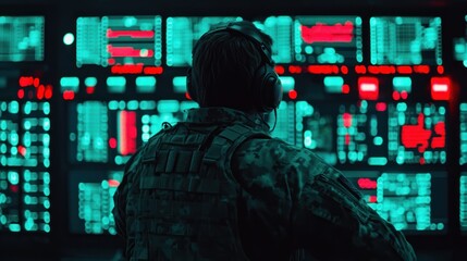 Poster - Soldier Analyzing Data in Advanced Military Operations Command Center Environment