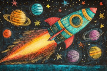 Aufkleber - Colorful rocket blasting off amid planets and stars in outer space drawing