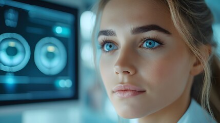 Poster - A futuristic eye care clinic a female patient is undergoing an eye exam by a doctor using digital diagnostic tools and screens displaying eye health data in the background