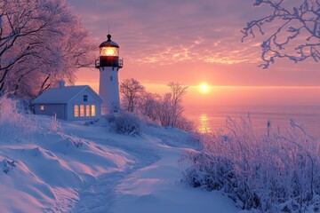 Aufkleber - Winter sunset at a tranquil lighthouse with a snow-covered landscape