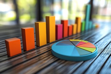 Poster - Colorful bar and pie charts displaying business statistics in a modern office setting