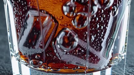 Leinwandbilder - A macro shot of ice-cold cola in a transparent glass, with the shimmering carbonation bubbles rising to the surface in a swirling motion.