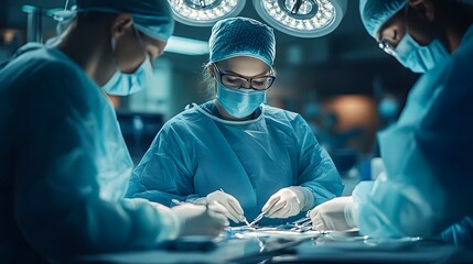 Fototapete - surgeons doctors in a hightech clinic setting utilizing advanced medical machinery and technology wh