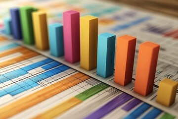Aufkleber - Colorful bar graph illustrating data trends on a wooden surface with detailed charts and colorful designs for analysis