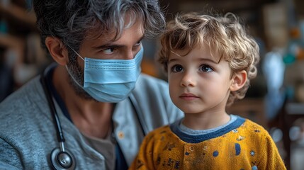 Poster - Doctor face mask examining boy's throat during a home visit