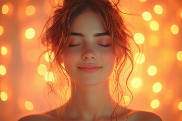 Wall Mural - Softly lit portrait of a serene young woman with closed eyes surrounded by warm glowing lights