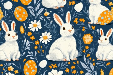 Aufkleber - Colorful pattern featuring white rabbits, eggs, and flowers on a dark background for springtime celebration