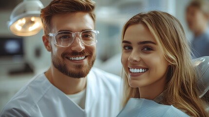 Poster - Medicine dentistry healthcare concept male dentist showing teeth xray to female patient at dental clinic office