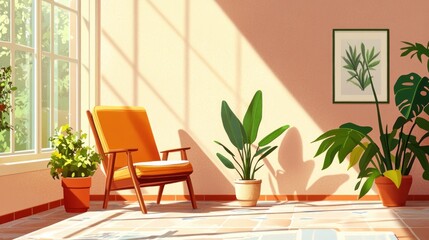 Poster - Cozy Indoor Space with Bright Sunlight, Plants, and Comfortable Chair