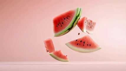 Aufkleber - Several slices of ripe watermelon with seeds are levitating in the air against a vibrant pink background, creating a visually appealing and refreshing scene with copy space