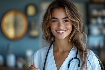 Poster - Young doctor woman over isolated background amazed smiling to the camera while presenting with hand and pointing with finger