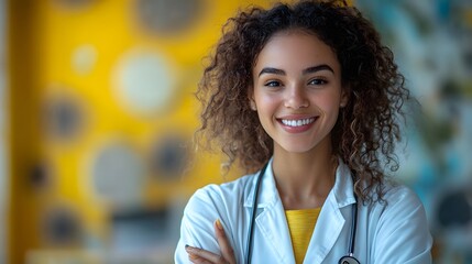 Poster - young doctor woman over isolated background amazed smiling to the camera while presenting with hand 