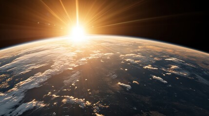 Poster - Stunning Sunrise Over Earth from Space with Golden Light and Dramatic Clouds