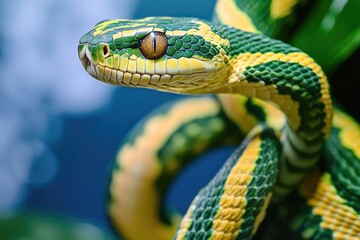 Wall Mural - A close-up shot of a snake coiled around a branch, showcasing its scales and texture