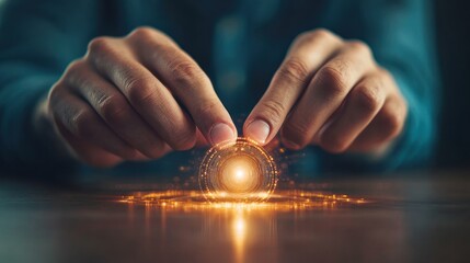 Aufkleber - Hands Creating a Bright Light Sphere with Sparkles on a Wooden Surface