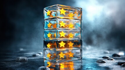 Poster - Glass Block Tower with Illuminated Stars on Dark Misty Background
