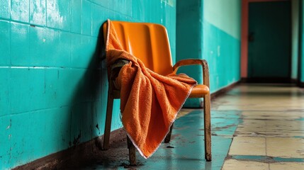 Aufkleber - Orange Blanket Draped on Vintage Chair in Abandoned Building Corridor