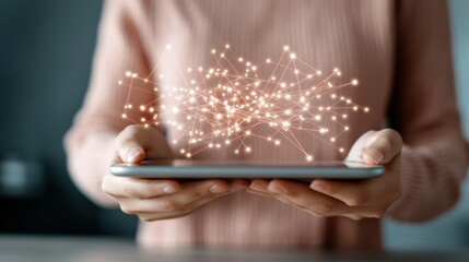 Poster - Hands Holding Tablet with Creative Network Connection Concept Visualization
