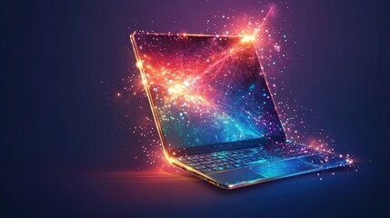 Fototapete - Colorful Laptop with Cosmic Glow and Sparkling Lights on Dark Background