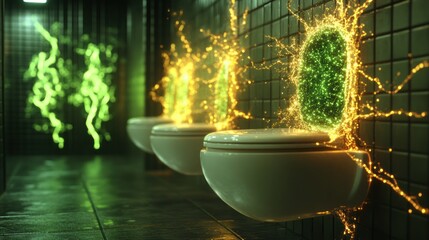 Poster - Futuristic Bathroom with Innovative Toilet Design and Neon Light Effects