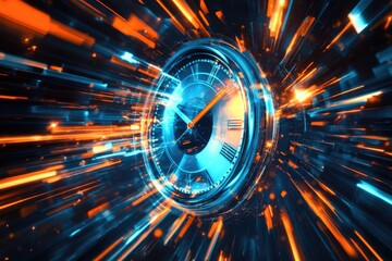 Poster - A clock with bright blue and orange lights emanating from its face, perfect for use in technology or innovation themed projects