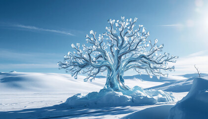 Wall Mural - A snowy winter landscape with a tree, frosty branches, and a clear blue sky