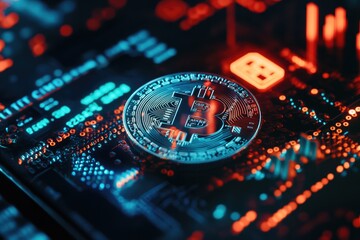 Poster - a lit up bitcoin token sitting on top of a computer motherboard, a symbol of modern technology and d