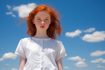 Wall Mural - A young woman with red hair stands in front of a blue sky with clouds