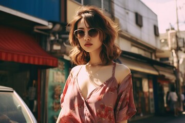 Wall Mural - A woman in a pink dress stands in front of a building with a car parked in front