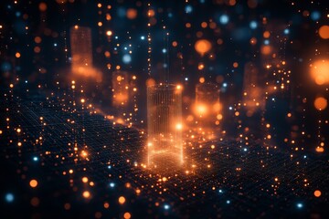 Aufkleber - Abstract digital landscape featuring illuminated geometric shapes and glowing particles in a futuristic setting