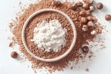 Wall Mural - A bowl filled with powder and nuts on a table, great for a snack or as a prop in a photo shoot