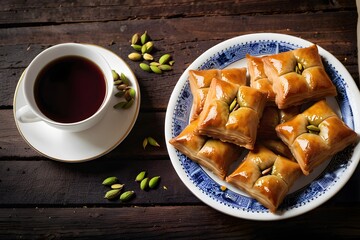 Wall Mural - Antep baklava and pistachio with black tea on a wooden table with copy space. Turkey snack time