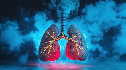 Poster - A vibrant, digital illustration of human lungs surrounded by colorful smoke, symbolizing health, respiration, and vitality.