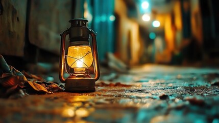 Poster - Vintage Lantern Glowing on Cobblestone Pathway in Dimly Lit Urban Setting