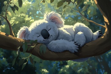 Poster - Cute koala peacefully sleeping on a tree branch in a lush forest during daylight