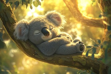 Poster - Cute koala sleeping peacefully on a branch in a sunny forest during the golden hour
