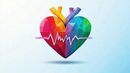 Aufkleber - Colorful Geometric Heart Illustration with Pulse Line on Soft Blue Background