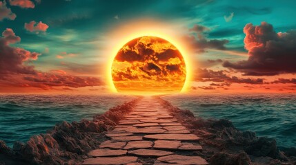 Poster - Stunning Sunset Over Ocean Waves with Stone Pathway Leading to Horizon Adventure