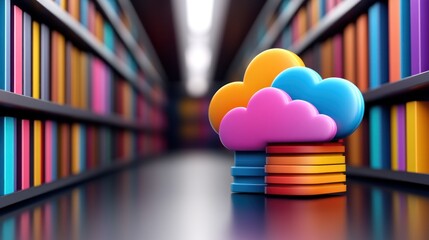 Poster - Colorful Cloud Icons and Books Representing Digital Storage Concept in Library