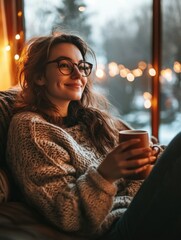 Wall Mural - Warm and Cozy Atmosphere: Woman Sitting in Comfort with a Cup of Coffee