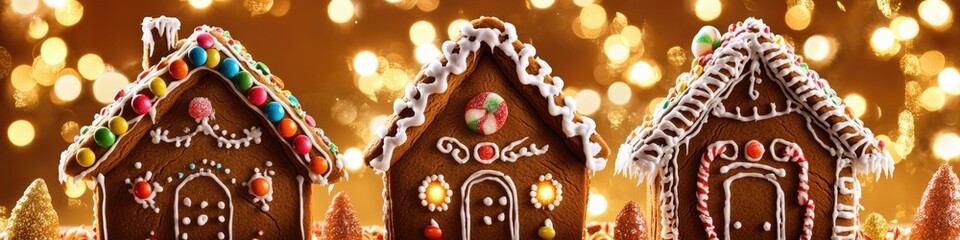 Wall Mural - Cozy gingerbread houses with warm lights, perfect for holiday or winter scenes