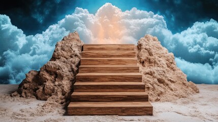 Poster - Ethereal Wooden Steps Leading to Clouds and Light for Dreamy Background Scene