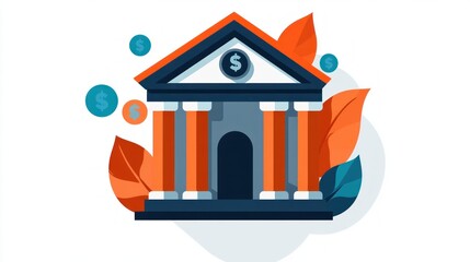 Poster - Abstract Bank Building Illustration with Money Symbols and Leaf Elements