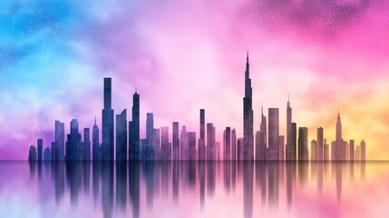 Wall Mural - City Skyline Reflection in Vibrant Starry Night