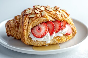 Wall Mural - Freshly baked pastry topped with sweet strawberries and creamy whipped topping, perfect for a dessert or snack