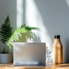 Poster - A laptop computer sitting on a wooden table, perfect for studying or working from home